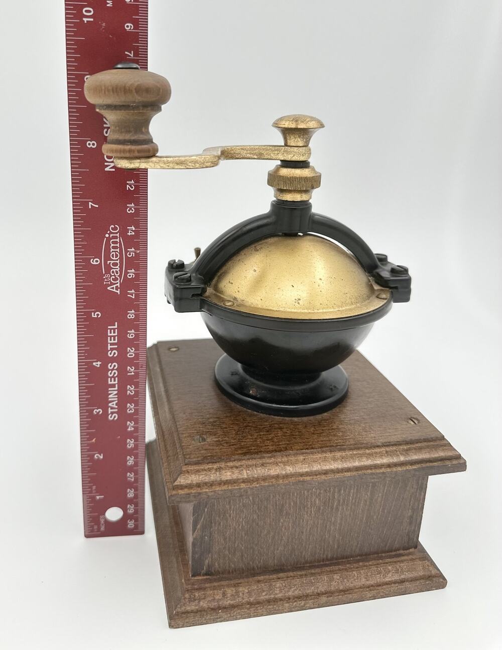 German Wooden Box Coffee Grinder Mill, Brass Hopper, Drawer, Crank